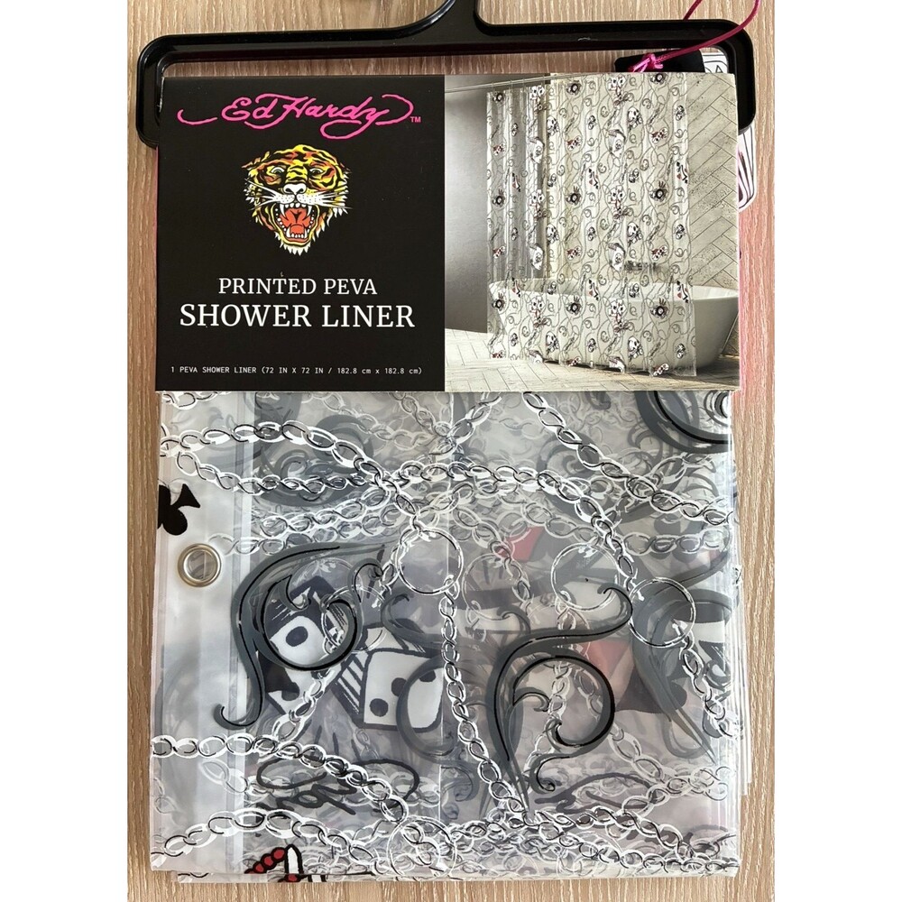 Ed Hardy Printed PEVA Shower Curtain Liner Tattoo Skull Chains 72x72 New